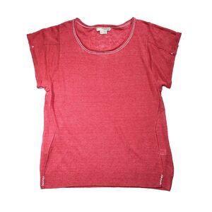 Label + Thread Womens S 100% Linen Knit Top Coral Short Sleeve Contrast Stitch